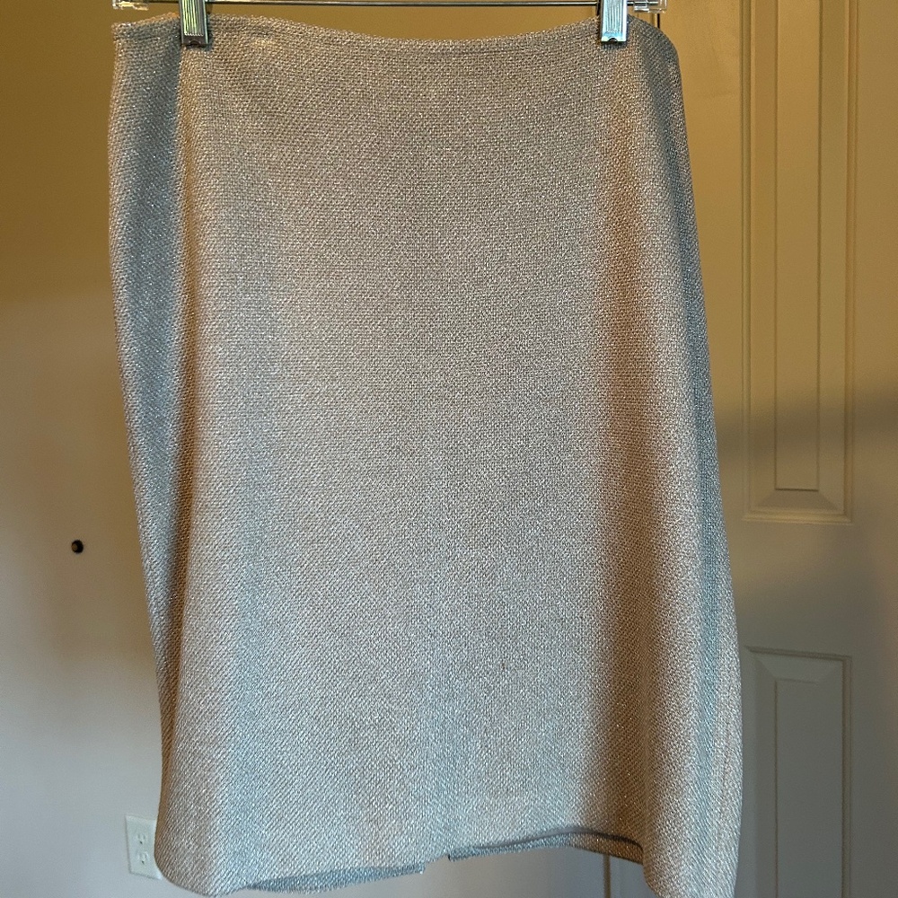 St. John Couture Silver & Gold Metallic Lined Knit Pencil Suit Skirt With Slit